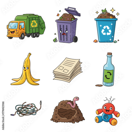 A collection of cute cartoon icons representing waste management, recycling, and different types of trash.
