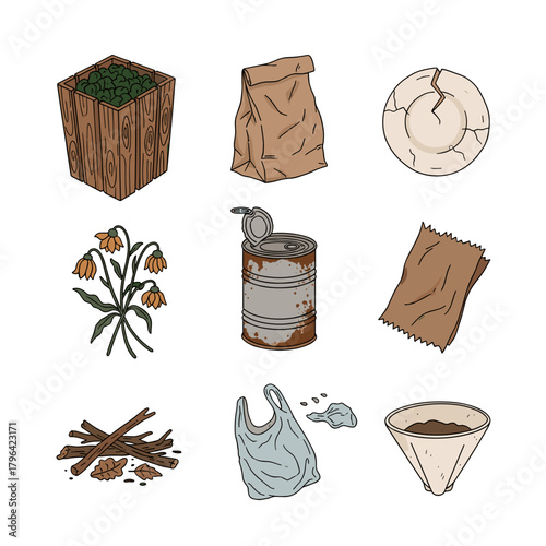 An illustrated collection of various types of waste, including compostable, recyclable, and general garbage items.