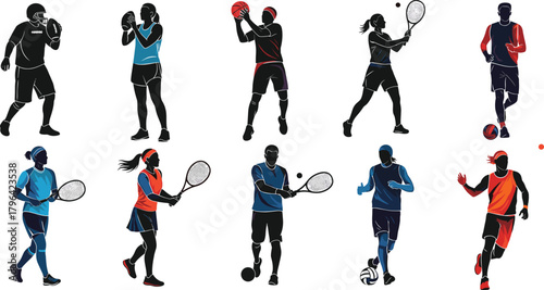 Silhouette athletes, boxing, basketball, tennis, table tennis, volleyball, soccer, sports action, dynamic poses, fitness, movement, training, competition, active lifestyle, team sports