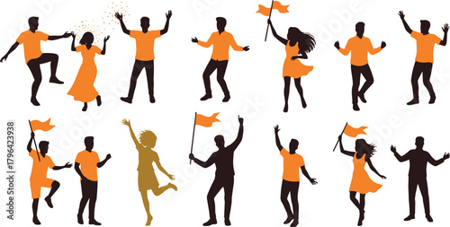 Silhouette people dancing, celebrating crowd, festive poses, orange outfit figures, waving flags, joyful movement, unity celebration, party mood, vector illustration, stock design