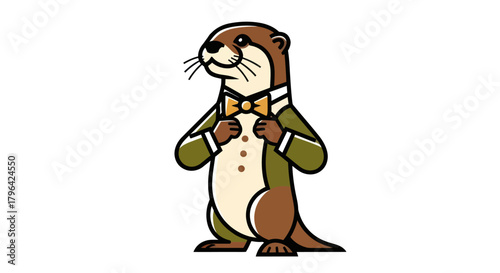 Cartoon otter in formal attire posing on white background vector illustration