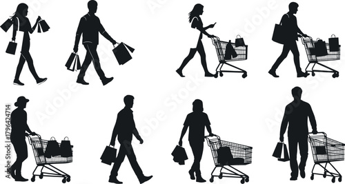 Shopping, silhouette, vector, people, retail, consumer, cart, bags, walking, pushing, black, isolated, market, lifestyle, purchase, buyer, commerce, graphic, clipart, activity
