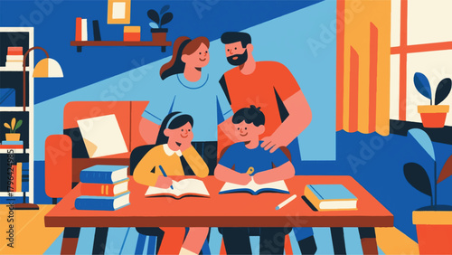 Illustration Of A Father And Mother Supervising Their Two Children Who Are Studying Vector Design Template