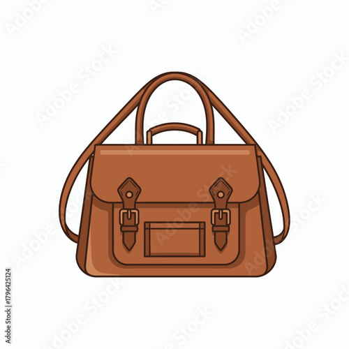 Brown Leather Satchel Bag with Buckles and Straps.