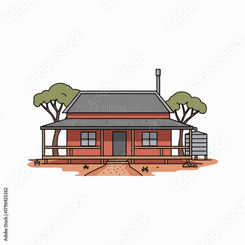 Charming Australian Homestead Illustration with Veranda and Water Tank.