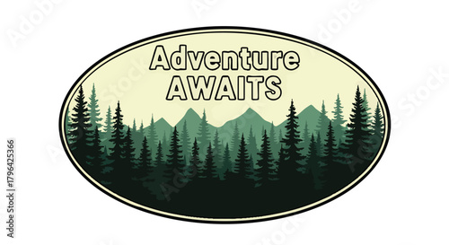 Badge Emblem Vector with Pine Trees Mountains and Adventure AWAITS Text Vintage Nature Outdoor Design Green Cream Colors