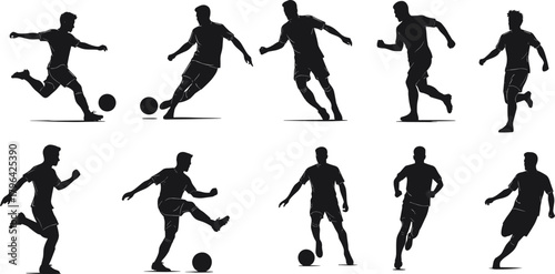 Soccer silhouette vector, football players, kicking pose, dribbling motion, athletic movement, black illustration, sports action, dynamic stance, stock design, game icon