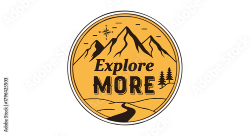 Outdoor Adventure Vector Badge with Mountain Landscape and Explore More Text in Retro Style Yellow and Brown