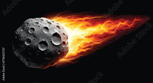 Illustration Vector Dynamic Meteoroid Fiery Trail Space Rock Art in Stylized Grey Orange Red Colors