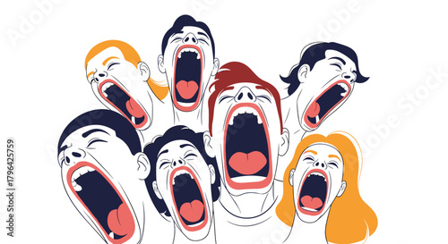 An illustration of a diverse group of people screaming or shouting with wide-open mouths, conveying strong emotions of anger or protest.