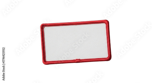 Blank white rectangular fabric patch with red embroidered border, ready for custom text or logo design