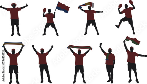 Sports fan celebration vector, cheering silhouette clipart, red shirt black shorts icon, victory pose graphic, football supporter design