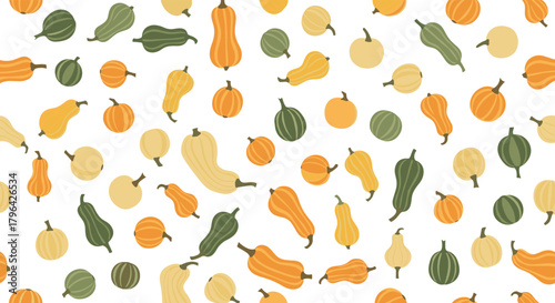 Seamless pattern of various colorful squashes and gourds scattered on a white background, perfect for autumn and harvest themes.