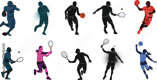 Sports silhouettes, athlete vector, basketball player, tennis action, football runner, baseball pitcher, volleyball hit, dynamic pose, sport icon, team sports, colorful shading, racket sports