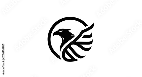A striking black and white logo featuring a stylized eagle or phoenix head and wing within a circular emblem, conveying strength and freedom.