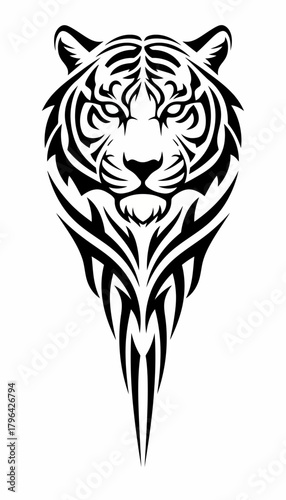 Stylized black and white tribal tattoo design featuring a fierce tiger head with intricate patterns extending downwards.