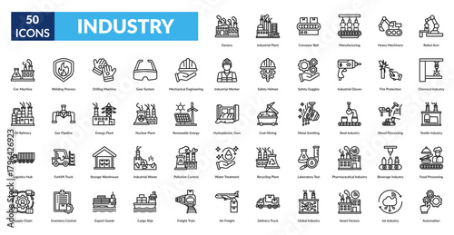 Industry Line Icon Set. Factory, Industrial Plant, Conveyor Belt, Manufacturing, Heavy Machinery, Robot Arm, Cnc Machine