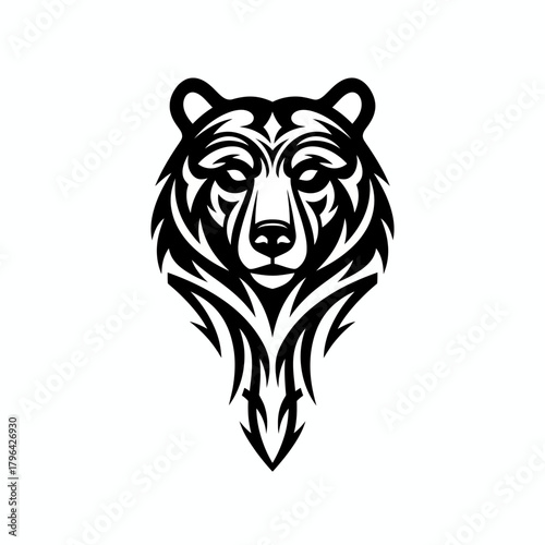 Stylized black and white tribal bear head illustration with intricate patterns and sharp lines.