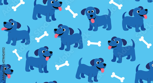 Seamless pattern of adorable blue cartoon puppies with pink tongues and white bones on a vibrant light blue backdrop.