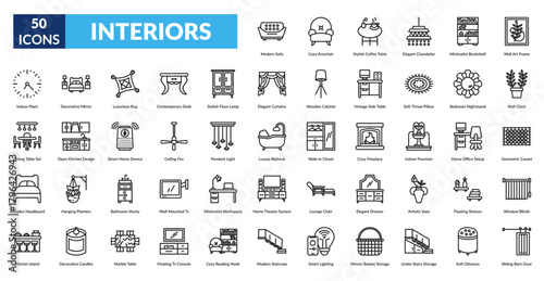 Interiors Line Icon Set. Modern Sofa, Cozy Armchair, Coffee Table, Chandelier, Bookshelf, Wall Art Frame, Indoor Plant