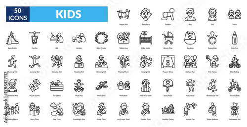 Kids Line Icon Set. Happy Kid, Baby Face, Toddler, Boy, Girl, Twins, Baby Bottle