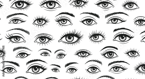 Seamless pattern with hand-drawn female eyes in various styles, showcasing different eyelashes and eyebrows on a white background.