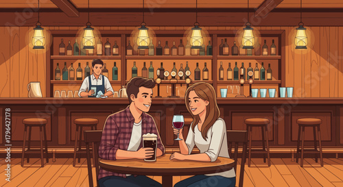 Couple enjoying drinks at a cozy bar with a bartender in the background.