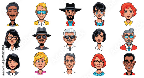 Diverse group of cartoon avatars representing men and women of various ages and ethnicities, suitable for profile pictures or user icons.