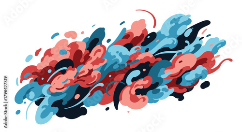 A vibrant abstract illustration featuring dynamic fluid shapes in shades of blue, red, and pink, creating a modern and energetic visual flow.