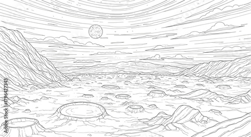 Line art illustration of a rugged lunar-like landscape with numerous impact craters, towering mountains, and a celestial body in the sky.