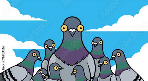 A humorous illustration of a flock of cartoon pigeons with large, expressive yellow eyes observing intently, set against a sunny blue sky.