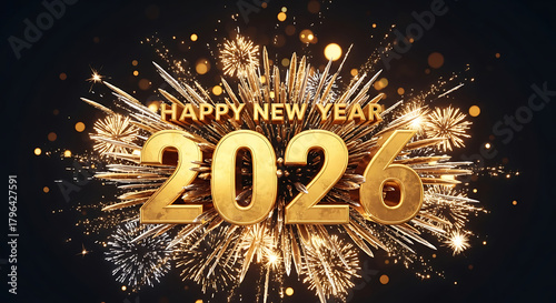 Golden Year Celebration with Festive Fireworks Display for Happy New Year 2026