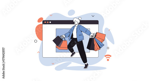 Happy person running with shopping bags in front of a website interface, illustrating online shopping.