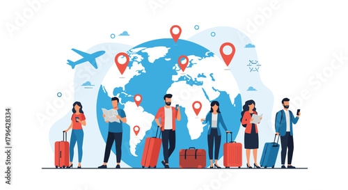 People with luggage stand around a globe with location pins and an airplane, representing travel and exploration.