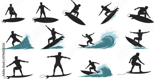 Surfing silhouette, surfboard action, wave riding pose, extreme water sport, ocean adventure, beach lifestyle, dynamic motion, surf trick, coastal energy, thrill