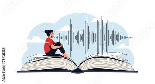 Young woman sitting on an open book with sound waves above her head.