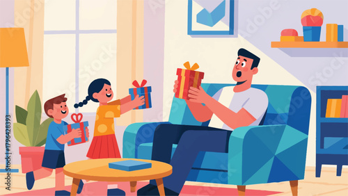 Illustration Of Two Children Giving A Gift To Their Father Vector Design Template