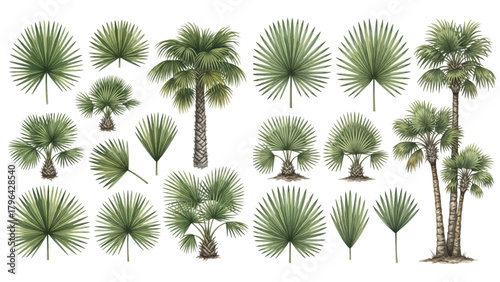 A detailed collection of various fan palm trees and lush green leaves isolated on a transparent background.