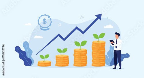 Illustration of financial growth with stacked coins, a rising arrow, and a businessman analyzing data.