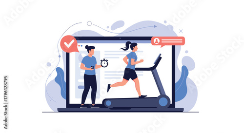 Illustration of two women exercising and receiving online coaching through a laptop.