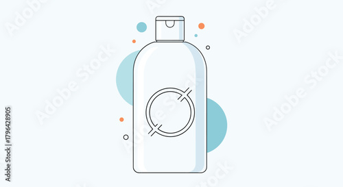 Simple illustration of a white bottle with a circular symbol on its front, set against a light blue background with abstract shapes.