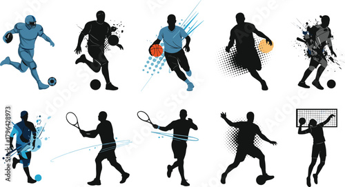 Sports silhouettes, athlete vector, football player, soccer action, basketball dribble, tennis swing, volleyball jump, swimmer pose, sport icon, team sports, motion graphic