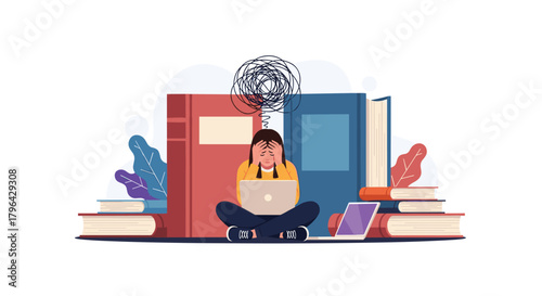 Overwhelmed student sitting with laptop and books, symbolizing academic stress and mental exhaustion.