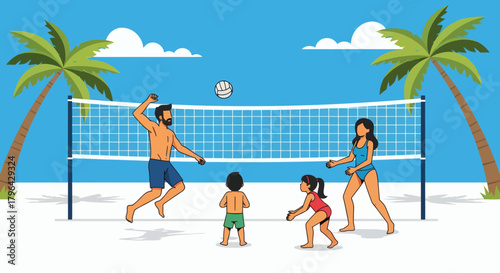Family Playing Beach Volleyball on a Sunny Day.