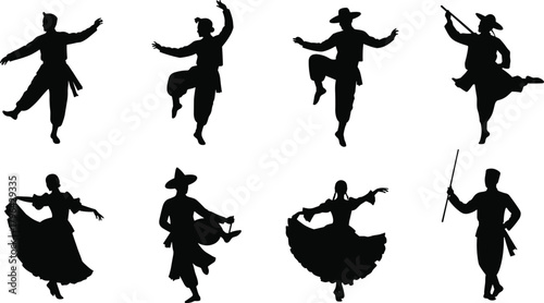 Traditional dance silhouette, folk dancer vector, cultural movement clipart, black costume icon, rhythmic pose illustration, heritage graphic design