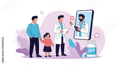 Father and daughter consulting a doctor remotely via video call on a smartphone.