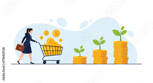 Businesswoman pushing shopping cart full of coins towards growing stacks of money with plants.
