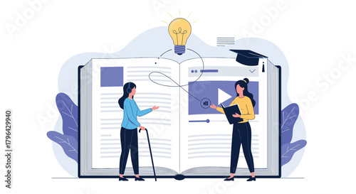 Two women interacting with a giant open book featuring educational content like video and text.