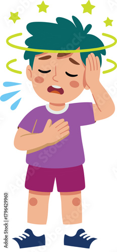 Cartoon sick boy feeling dizzy with headache and chest discomfort, unwell child illustration showing symptoms, medical educational kids health graphic