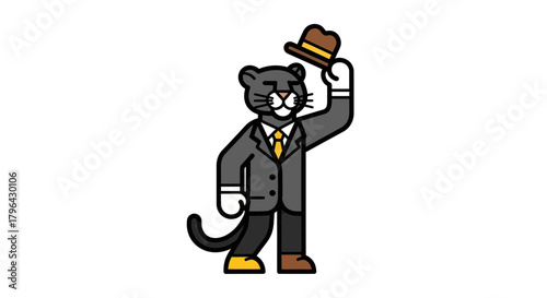 Cartoon panther in suit raising hat greeting in vector illustration